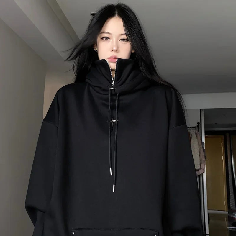 Peris Gems QWEEK Streetwear Black Hooded Female Sweatshirts Oversized Hoodie Women Harajuku Vintage Pullovers Korean Fashion Goth Aesthetic SHEIN Amazon Temu