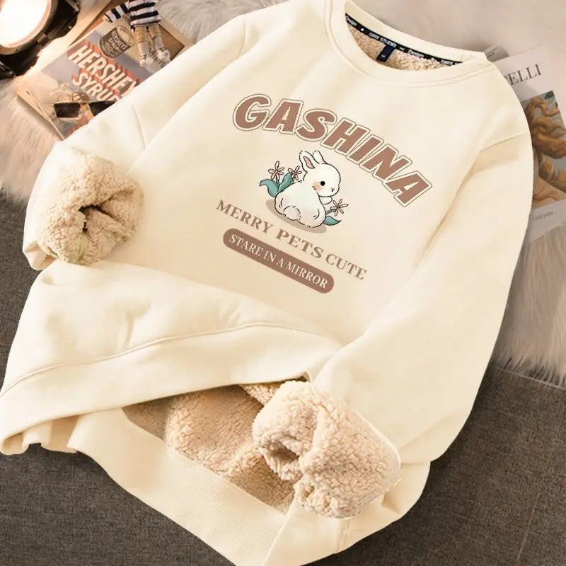 Peris Gems RABBIT APRICOT / XL EVNISI Autumn Winter Women Lambswool Thicken Thermal Sweatshirts Printed Cute Fleece Warm Hoodies Women Casual Loose Sweatshirts SHEIN Amazon Temu