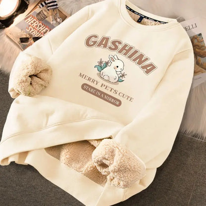Peris Gems RABBIT APRICOT / XL EVNISI Autumn Winter Women Lambswool Thicken Thermal Sweatshirts Printed Cute Fleece Warm Hoodies Women Casual Loose Sweatshirts SHEIN Amazon Temu