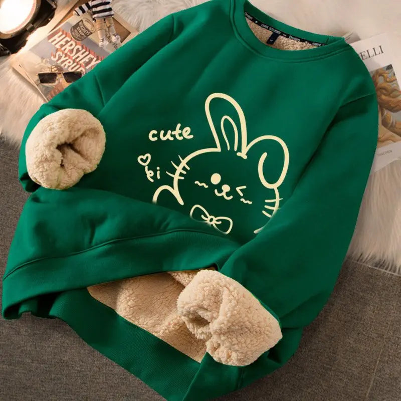Peris Gems RABBIT GREEN / M EVNISI Autumn Winter Women Lambswool Thicken Thermal Sweatshirts Printed Cute Fleece Warm Hoodies Women Casual Loose Sweatshirts SHEIN Amazon Temu