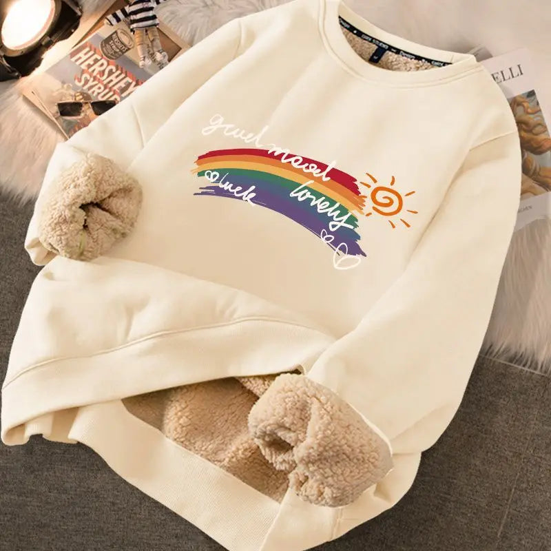 Peris Gems RAINBOW APRICOT / XL EVNISI Autumn Winter Women Lambswool Thicken Thermal Sweatshirts Printed Cute Fleece Warm Hoodies Women Casual Loose Sweatshirts SHEIN Amazon Temu