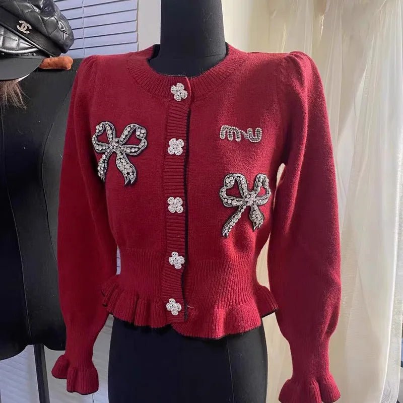 Peris Gems Red / S(40-50Kg) Women Clothing French Fashion Embroidered Butterfly Sweater Cardigan Knitted Diamonds Sweaters Solid Chic Button Tops SHEIN Amazon Temu