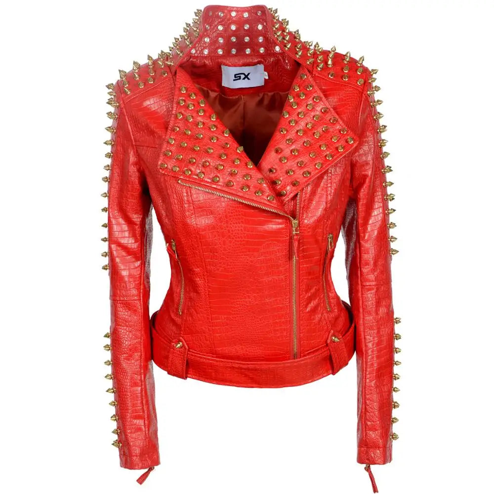 Peris Gems  Red / XXS Punk Style Spiked Collar PU Leather Jacket for Women SHEIN Amazon Temu