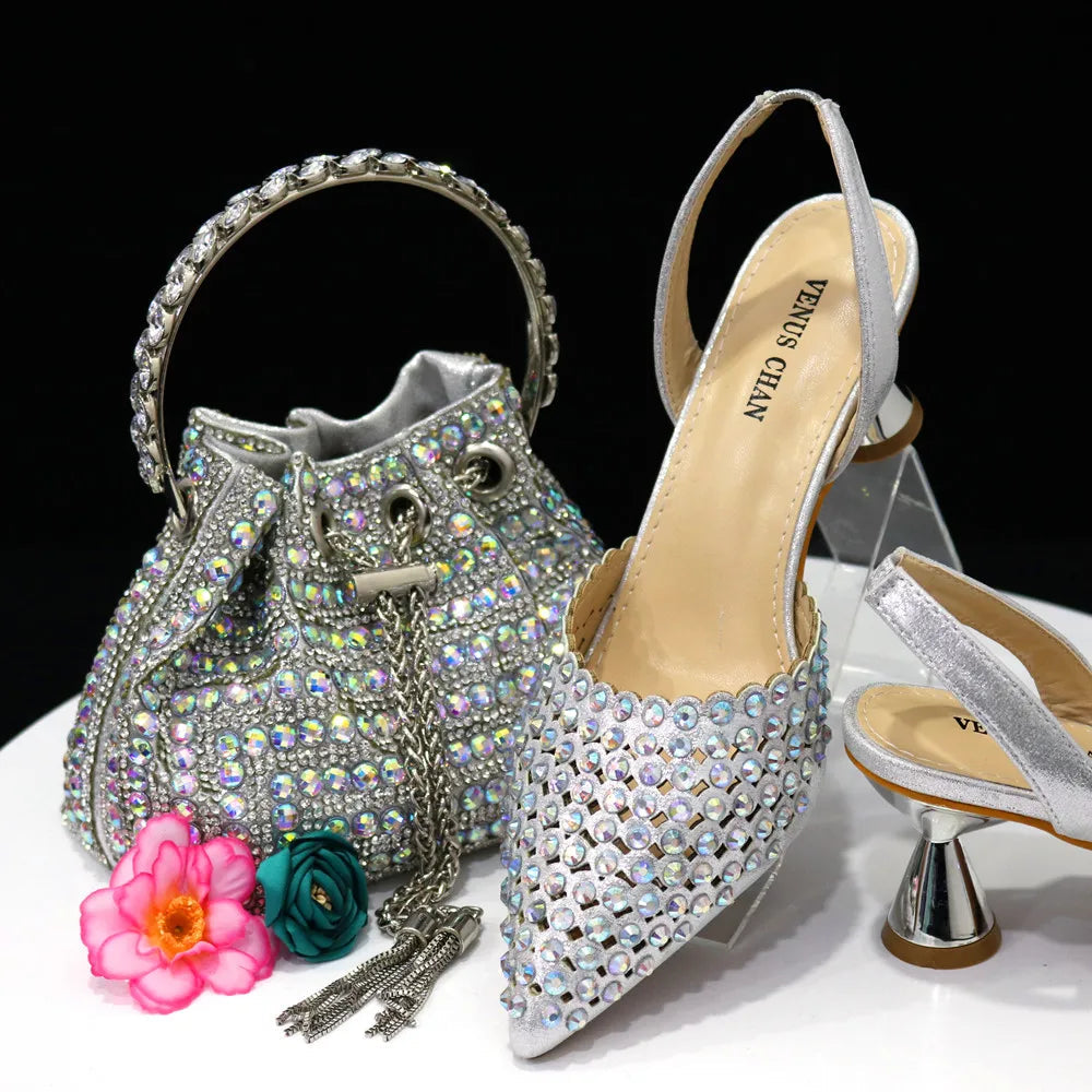 Peris Gems  Silver / 37 Full Diamond 2pc High Heels and Matching Purse Set SHEIN Amazon Temu