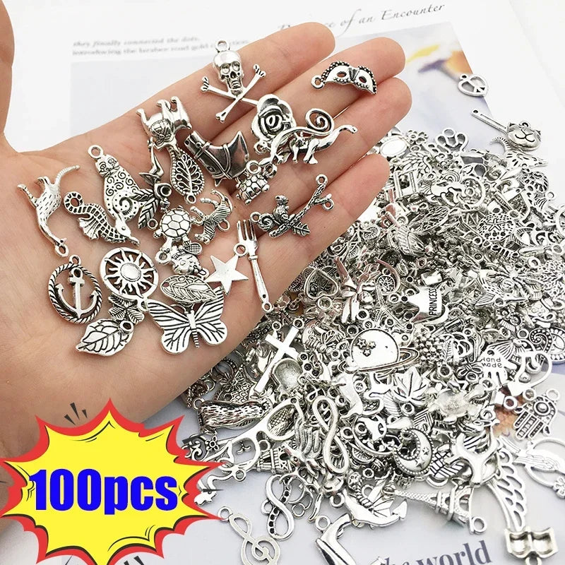 Peris Gems sivler 100pcs Tibetan Silver Mixed Heart Butterfly Key Crown Charms Pendants DIY Jewelry for Necklace Bracelet Making Accessaries SHEIN Amazon Temu