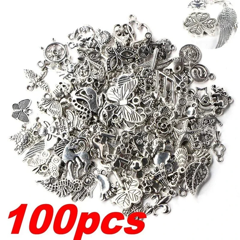 Peris Gems sivler 100pcs Tibetan Silver Mixed Heart Butterfly Key Crown Charms Pendants DIY Jewelry for Necklace Bracelet Making Accessaries SHEIN Amazon Temu