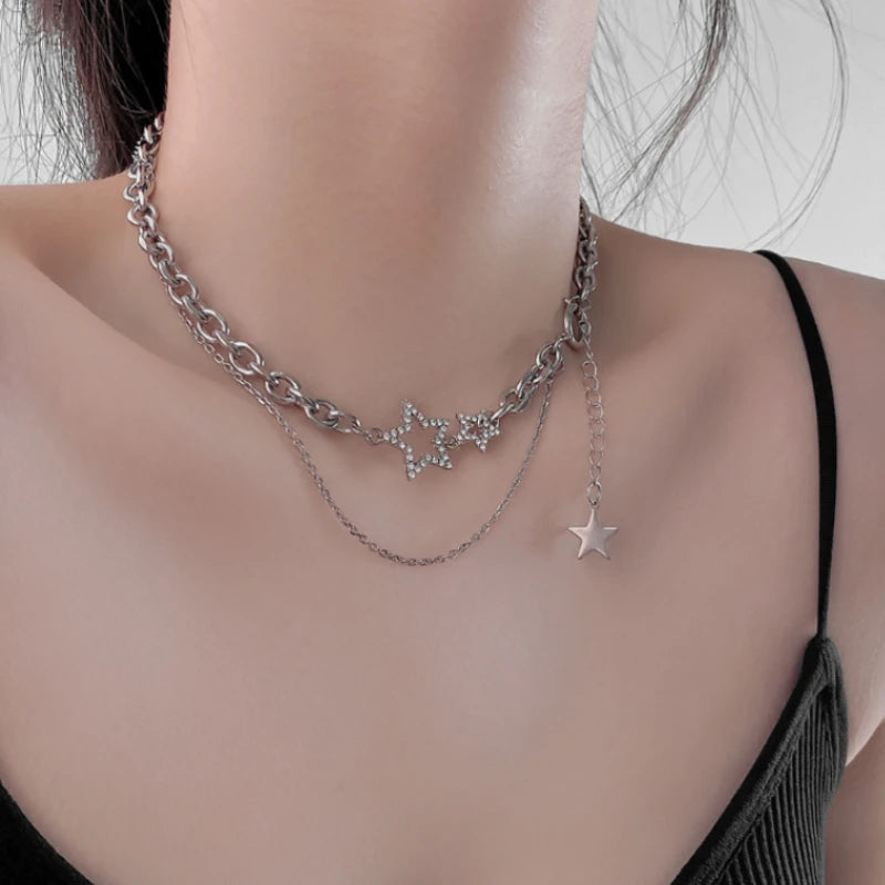 Peris Gems Star Shiny Star Layered Tassel Choker Necklace Y2k Jewelry for Women 2023 Fashion Pentagram Silver Color Chain Zircon Charm Necklaces SHEIN Amazon Temu