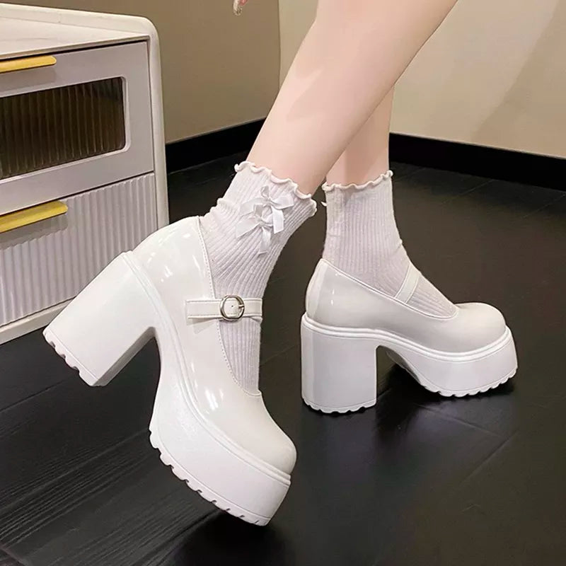 Peris Gems  White Leather Platform Mary Hane Thick Heels Pumps for Women SHEIN Amazon Temu