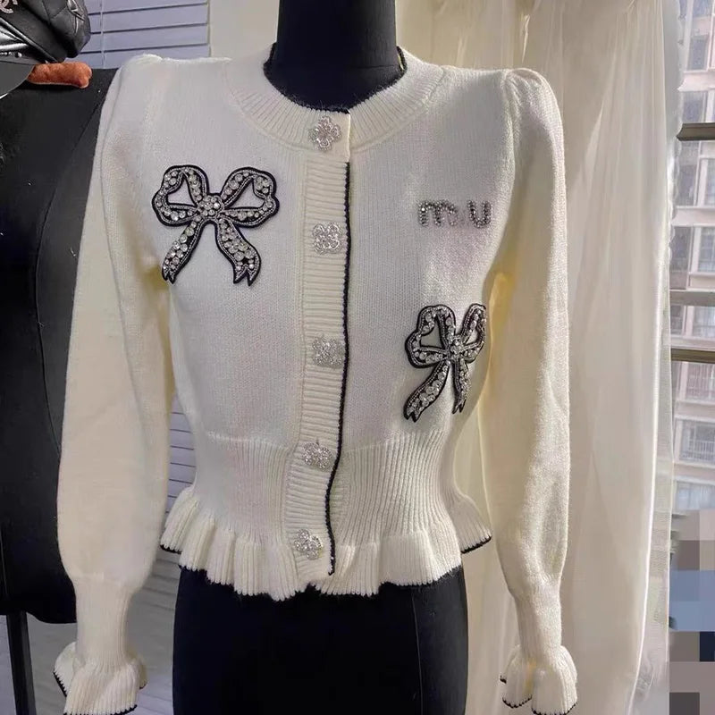 Peris Gems WHITE / S(40-50Kg) Women Clothing French Fashion Embroidered Butterfly Sweater Cardigan Knitted Diamonds Sweaters Solid Chic Button Tops SHEIN Amazon Temu