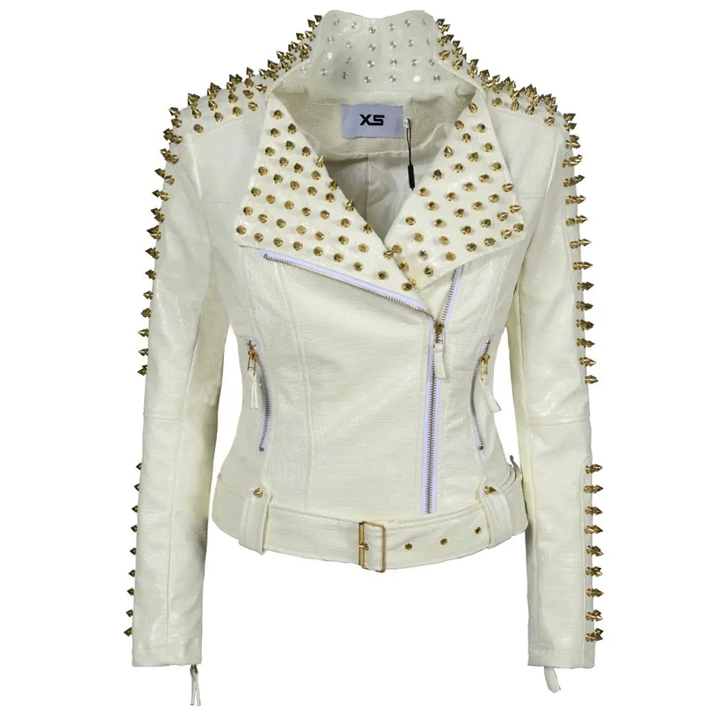 Peris Gems  White / XXS Punk Style Spiked Collar PU Leather Jacket for Women SHEIN Amazon Temu