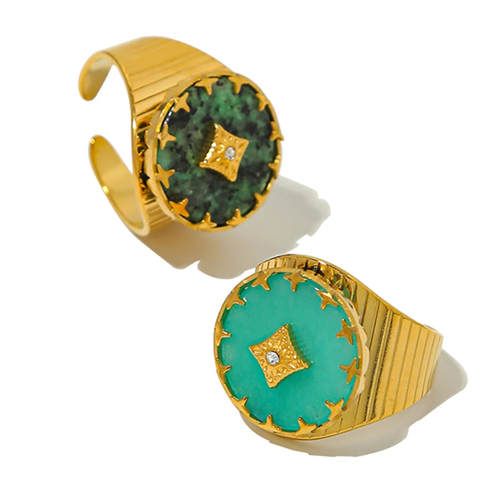 Peris Gems WILD &amp; FREE Vintage 18K Gold Plated Stainless Steel Rings for Women Natural Stone African Turquoise Aesthetic Y2K Jewelry SHEIN Amazon Temu