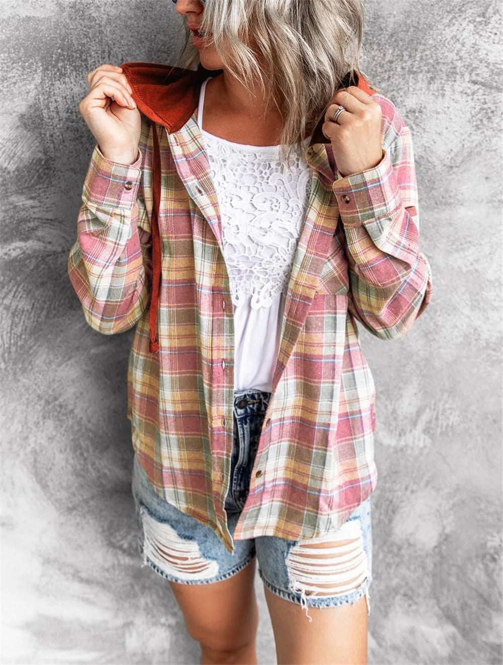 Peris Gems Women Autumn Hooded Collar Plaid Sweatshirt Tide Drawstring Loose Casual Hoodies Button With Chest-pocket Women Autumn Hooded Collar Plaid Sweatshirt Tide Drawstring Loose Casual Hoodies Button With Chest-pocket SHEIN Amazon Temu