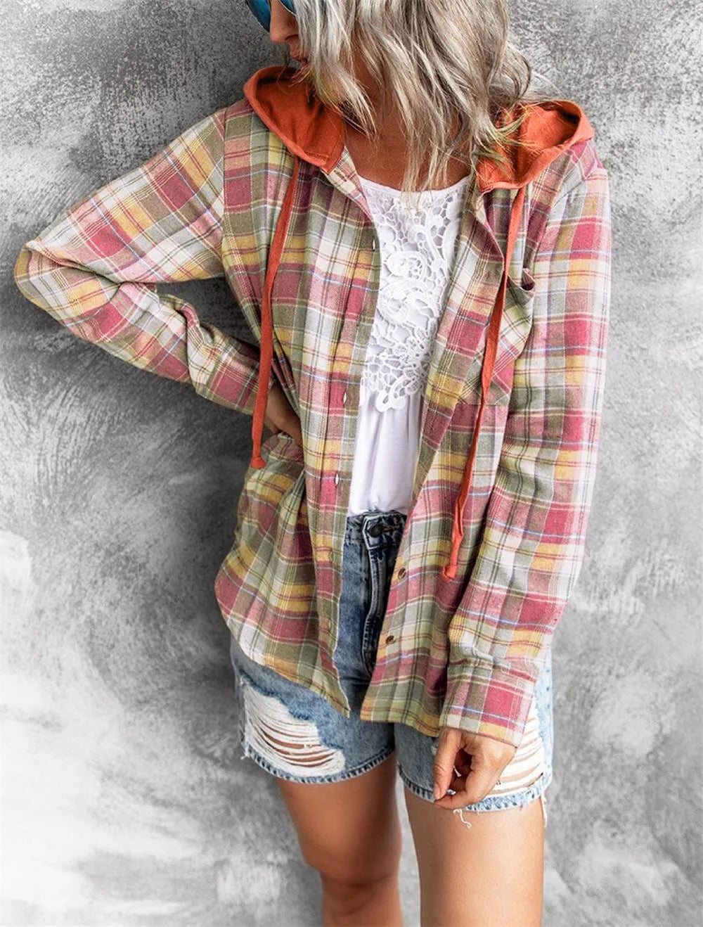Peris Gems Women Autumn Hooded Collar Plaid Sweatshirt Tide Drawstring Loose Casual Hoodies Button With Chest-pocket Women Autumn Hooded Collar Plaid Sweatshirt Tide Drawstring Loose Casual Hoodies Button With Chest-pocket SHEIN Amazon Temu